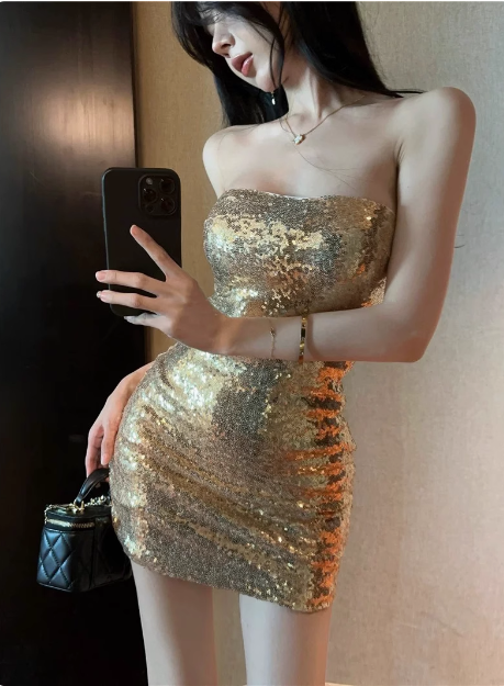 Sexy Champagne Tube Top Sequined Hip 17th Birthday Homecoming Dress
