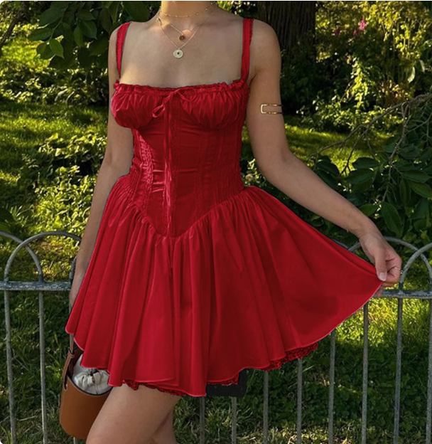 French Ballet Style Tie Waist Suspenders Red Mini Birthday Dress Homecoming Dress