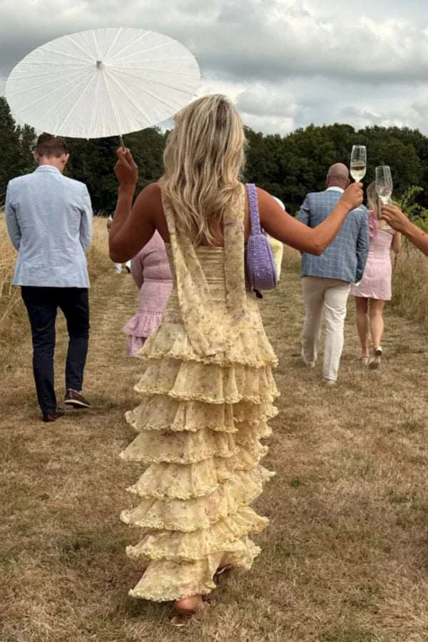 Sweet Yellow Floral Print Strapless A-line Chiffon Long Prom Dress Evening Dress