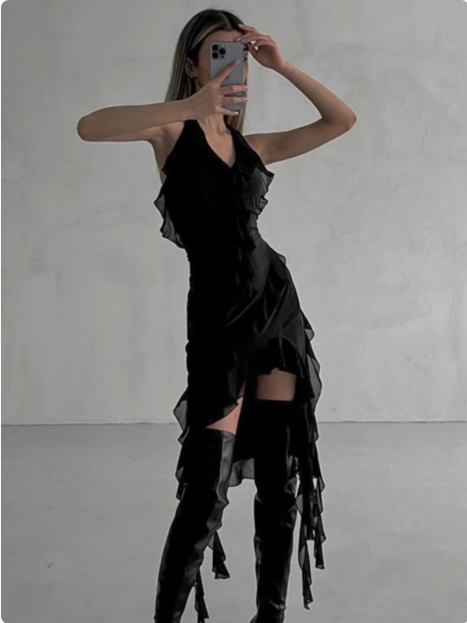 Irregular Ruffled Halterneck Chiffon Backless Homecoming Dress