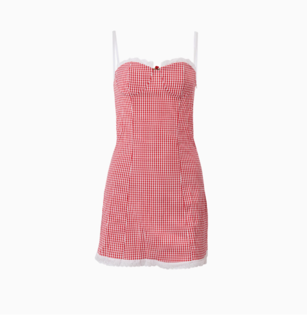 Vintage Plaid Suspender Lace Trim Red 17th Birthday Homecoming Dress