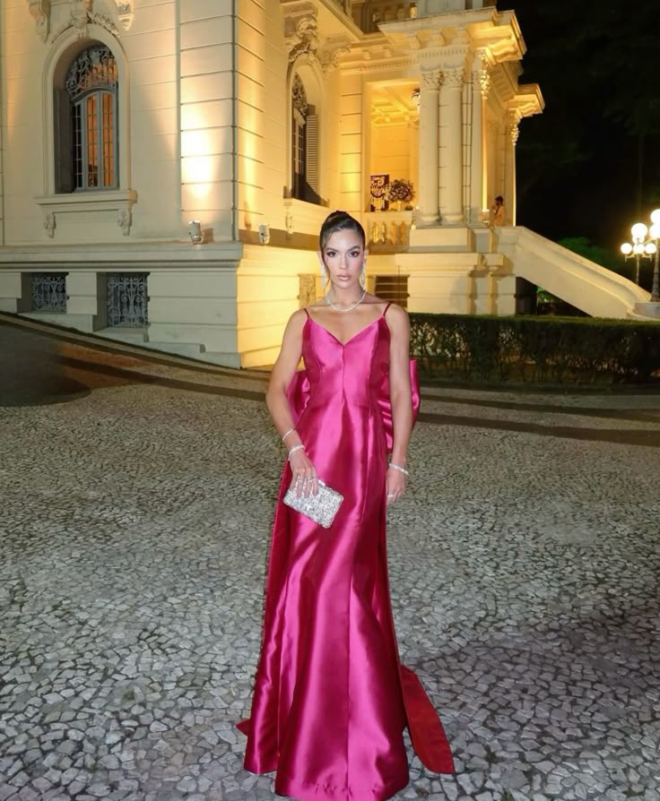 Elegant Hot Pink A-line Deep V Thin Strap Bow Satin Long Prom Dress Evening Dress