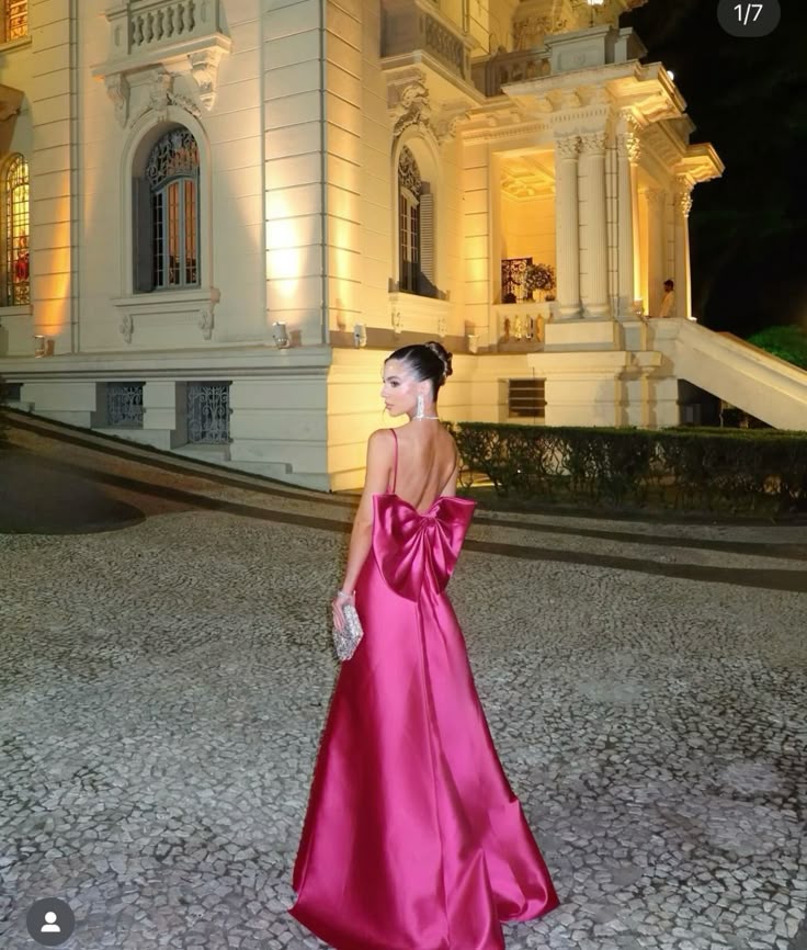 Elegant Hot Pink A-line Deep V Thin Strap Bow Satin Long Prom Dress Evening Dress