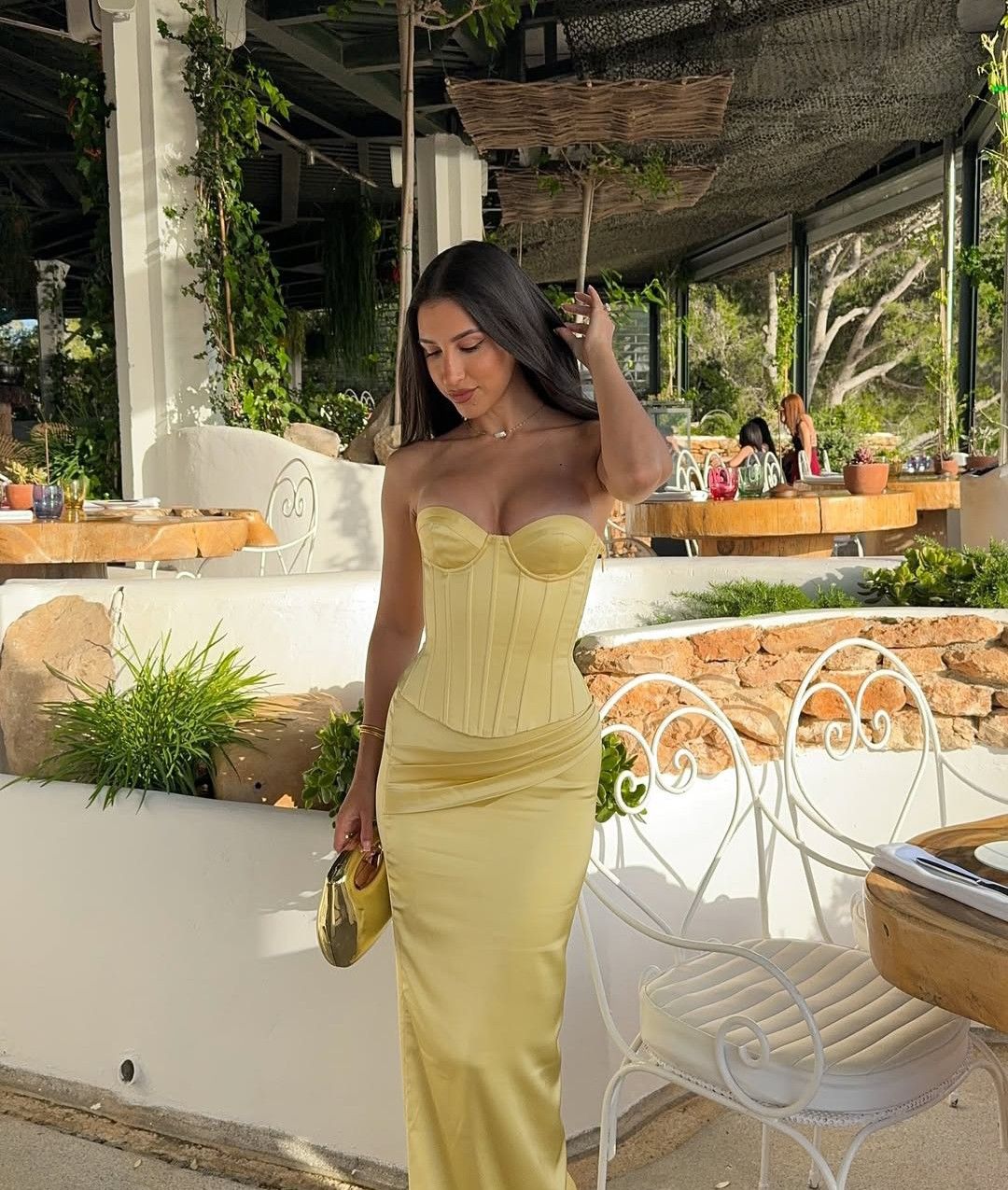 Elegant Yellow Mermaid Strapless Waist-cinching Satin Long Prom Dress Evening Dress