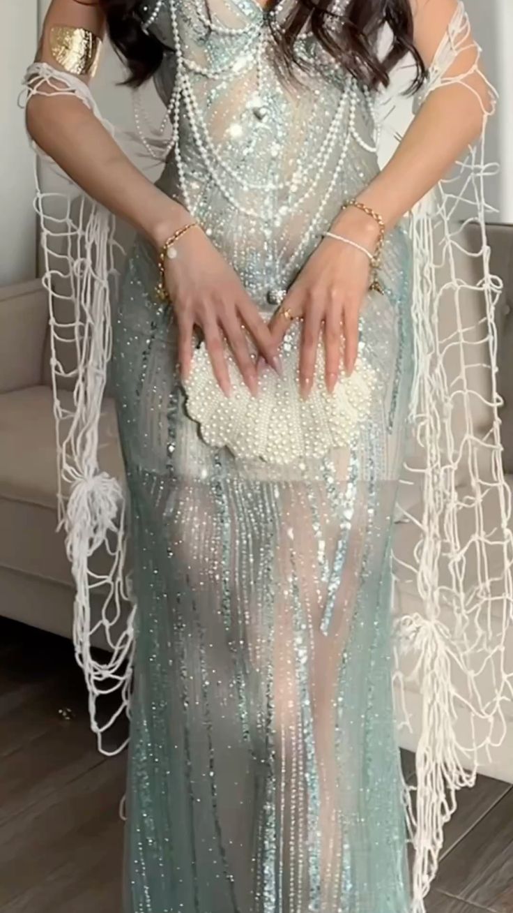Sexy Light Mint Green Mermaid V-neck Pearl Chain Sequined Long Prom Dress Evening Dress