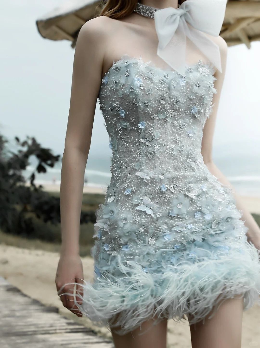 Sweet Light Blue Pearl Sequin Feather Slim Birthday Party Homecoming Dress