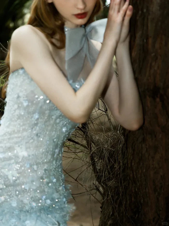 Sweet Light Blue Pearl Sequin Feather Slim Birthday Party Homecoming Dress
