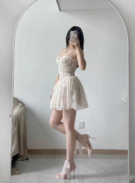 Sexy Lace Suspender Princess Dress Fishbone A-line Birthday Dress Homecoming Dress