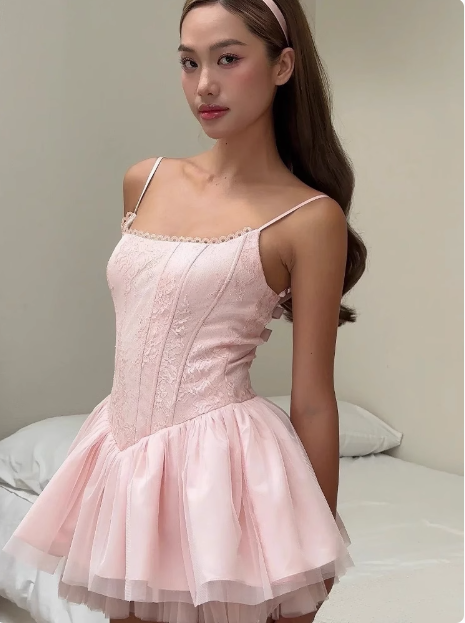 Sweet Sling Backless Bow A-line Fluffy Lace Birthday Dress Homecoming Dress
