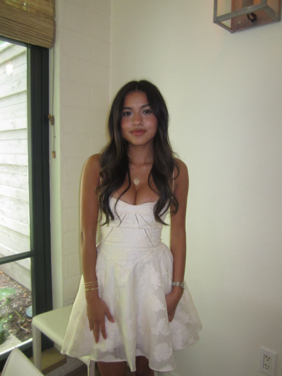 Sweet White Thin Strap Dark Pattern Jacquard Fabric Mini 16th Birthday Homecoming Dress