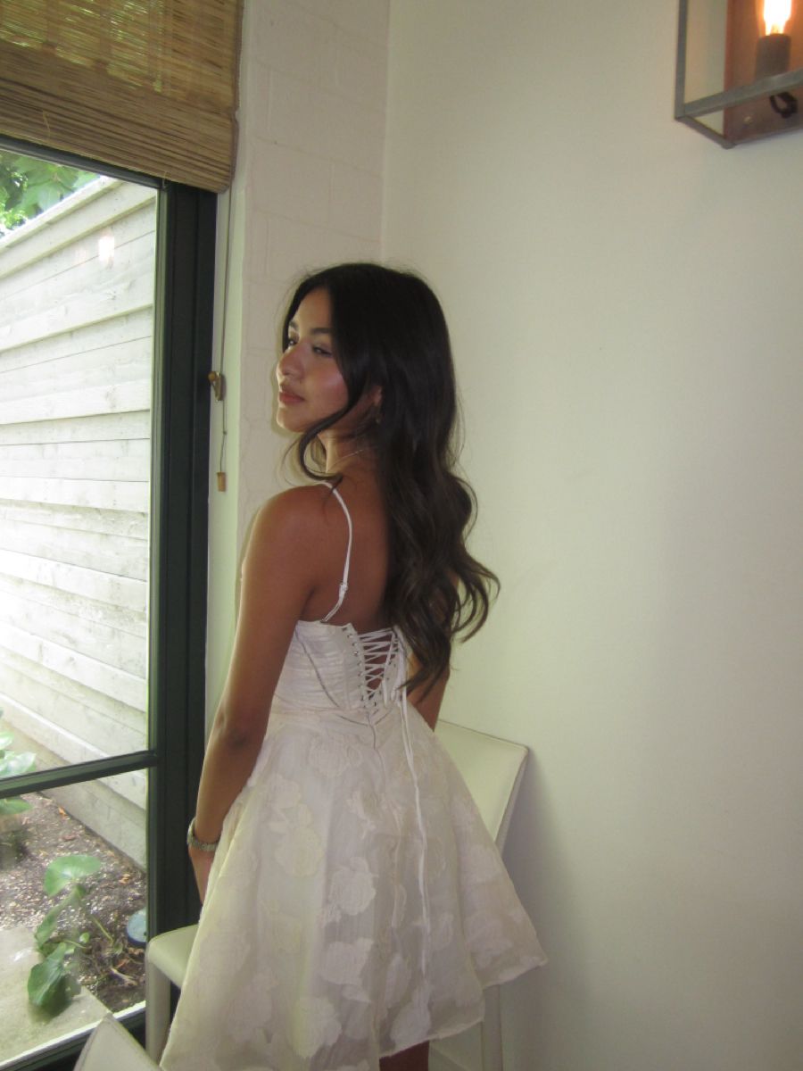 Sweet White Thin Strap Dark Pattern Jacquard Fabric Mini 16th Birthday Homecoming Dress