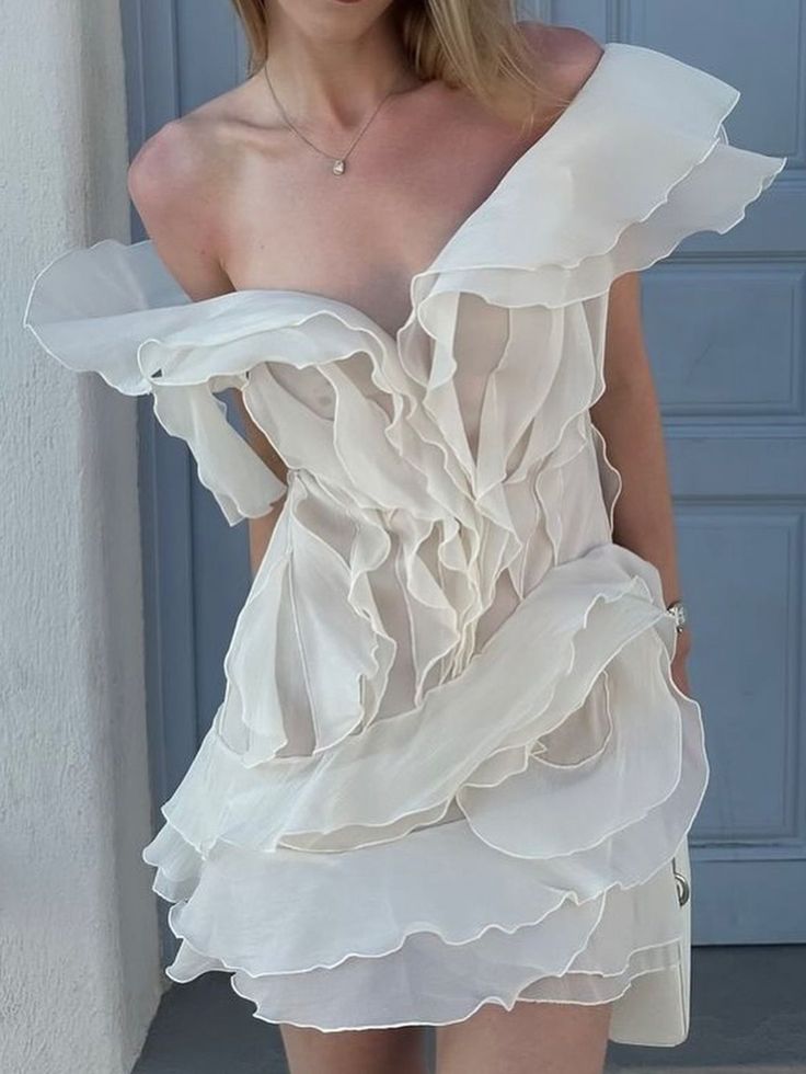 Flowy Ruffled Low-cut V-neck White Birthday Skirt Homecoming Dress