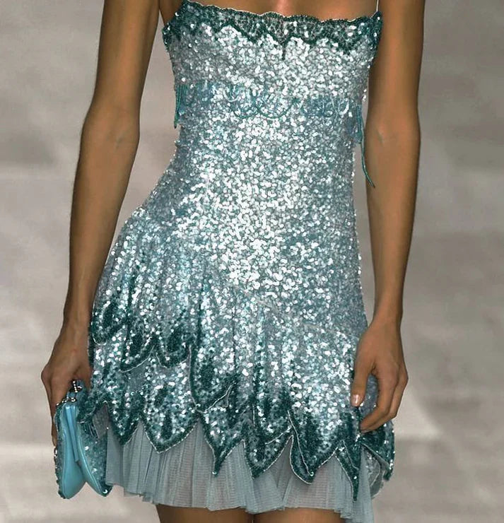 Gorgeous Blue Spaghetti Strap Sequin Waist Birthday Party Homecoming Dress