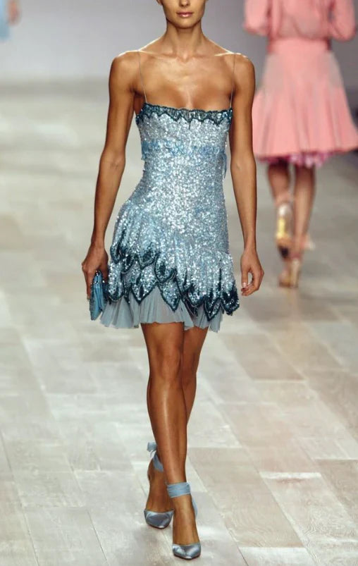Gorgeous Blue Spaghetti Strap Sequin Waist Birthday Party Homecoming Dress