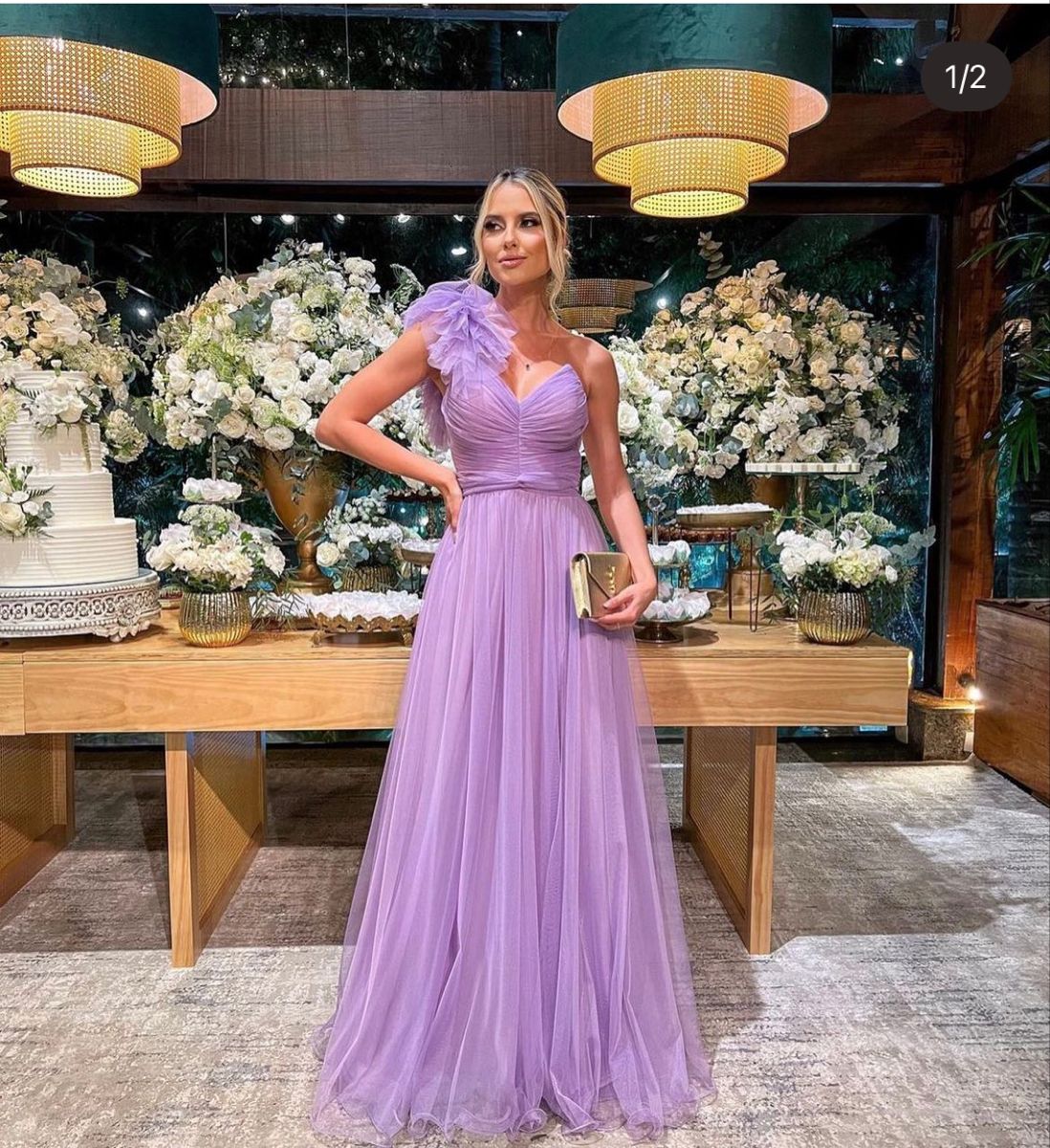 Dreamy Purple A-line One-shoulder V-neck Tulle Long Prom Dress Evening Dress