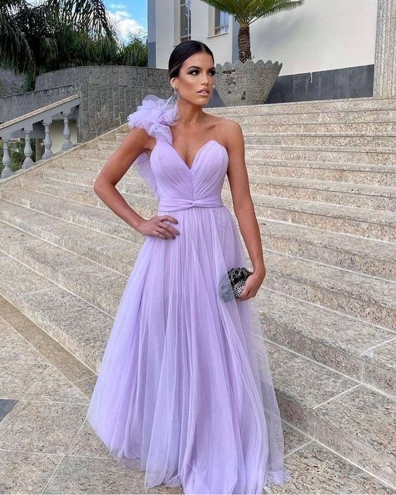 Dreamy Purple A-line One-shoulder V-neck Tulle Long Prom Dress Evening Dress