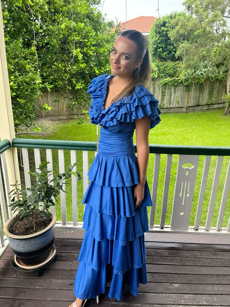 Sweet Royal Blue A-line V-neck Layered Ruffle Long Prom Dress Evening Dress