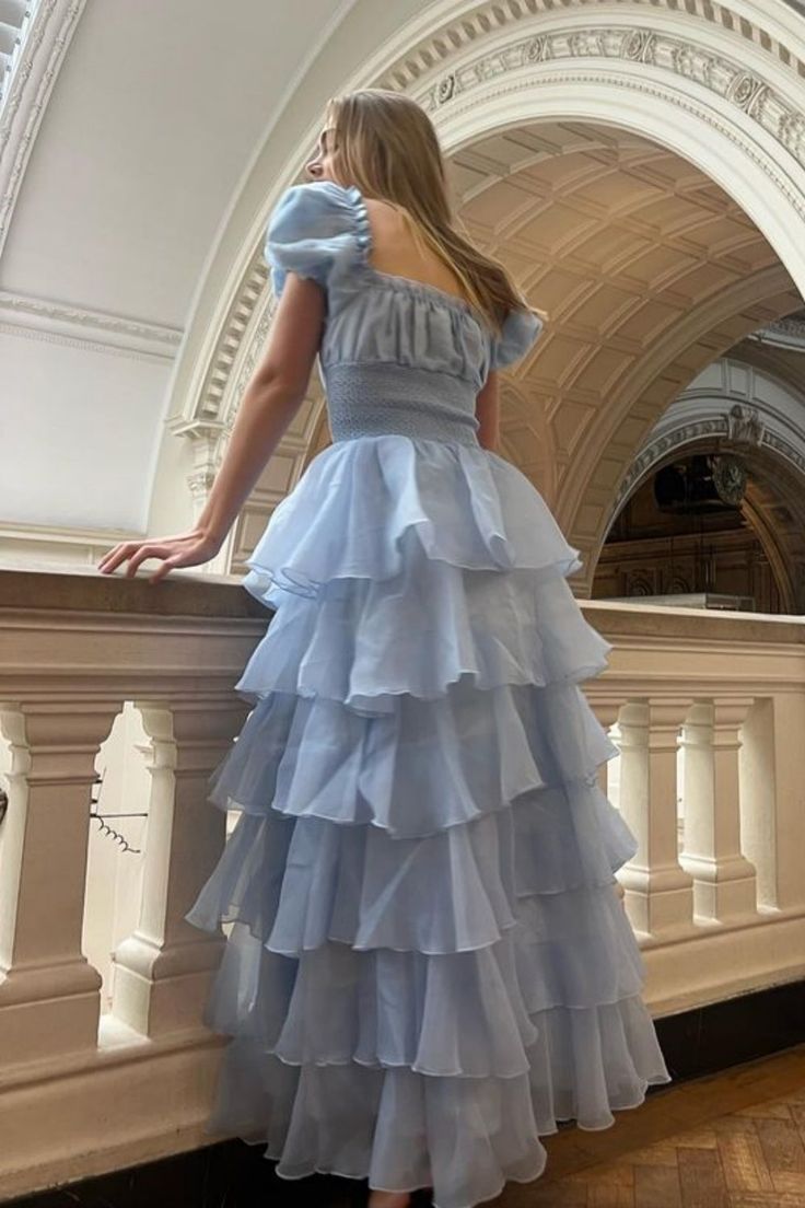 Sweet Light Sky Blue Square Neckline Puff Sleeve Layered Ruffle Organza A-line Long Prom Dress Evening Dress