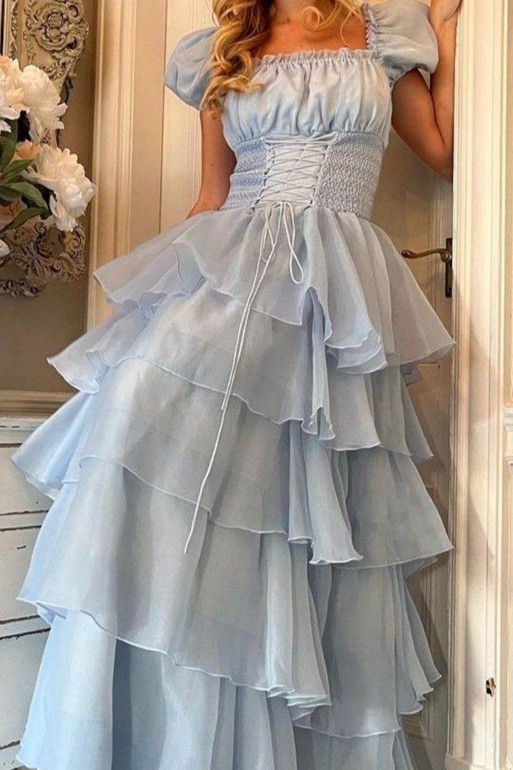 Sweet Light Sky Blue Square Neckline Puff Sleeve Layered Ruffle Organza A-line Long Prom Dress Evening Dress