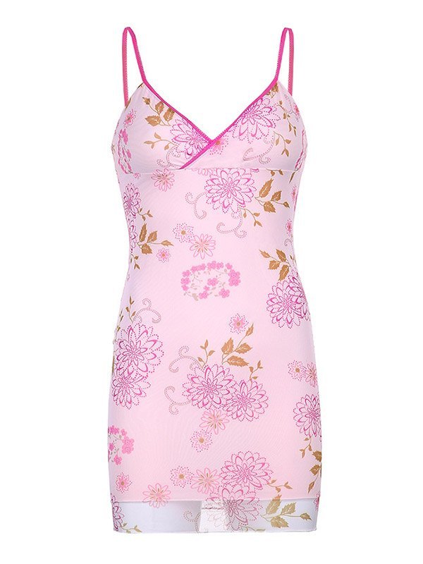 Sexy Mesh Pink V-neck Suspender Print Birthday Short Skirt Homecoming Dress