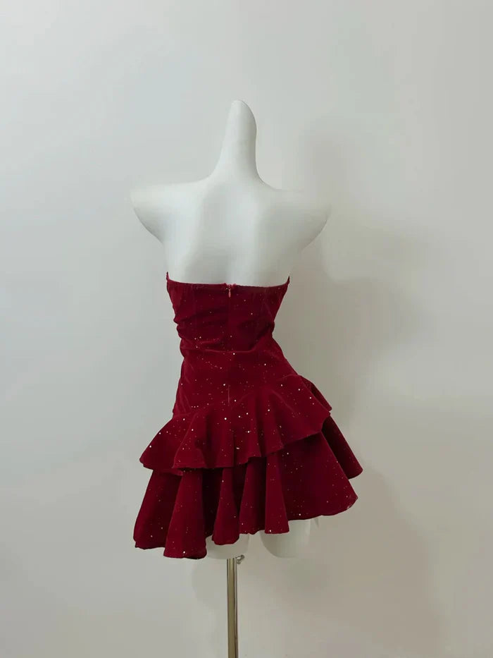 Elegant Burgundy Tube Top Multi-layer Ruffled Shimmering Velvet Birthday Party Homecoming Dress