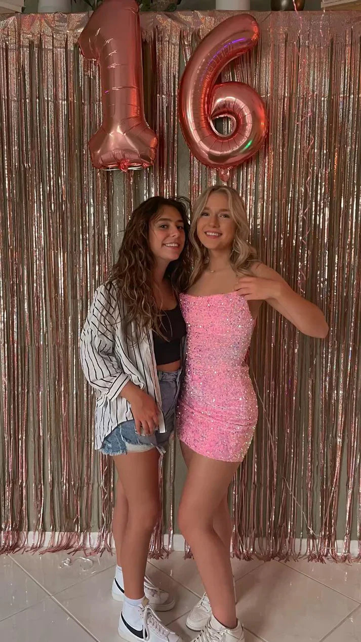 Cute Pink Sequined Tube Top With Back Straps And Hip Wrap 17th Birthday Homecoming Dress