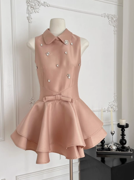 Sweet Sleeveless Studded Diamond Polo Neck Slim Fit Puffy Birthday Short Skirt Homecoming Dress
