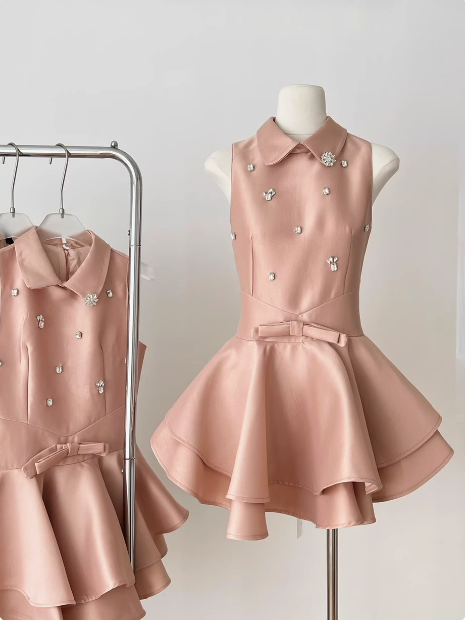 Sweet Sleeveless Studded Diamond Polo Neck Slim Fit Puffy Birthday Short Skirt Homecoming Dress