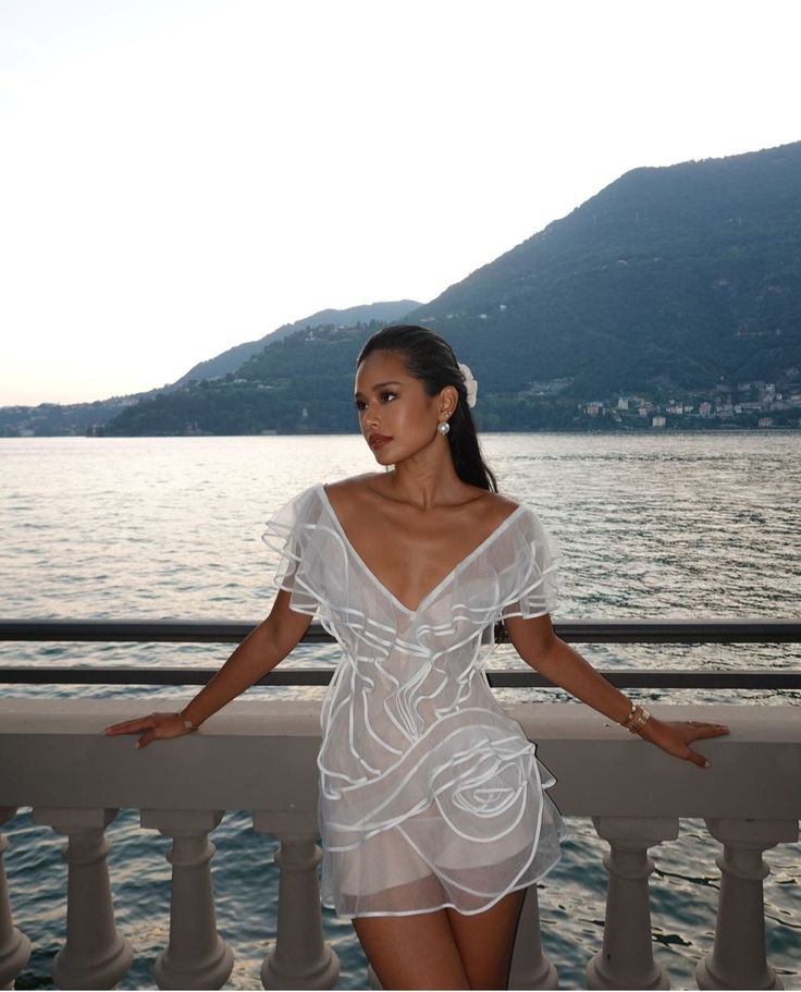Elegant White Deep V Neck Ruffle Sleeves Semi-Sheer Mesh Birthday Party Homecoming Dress