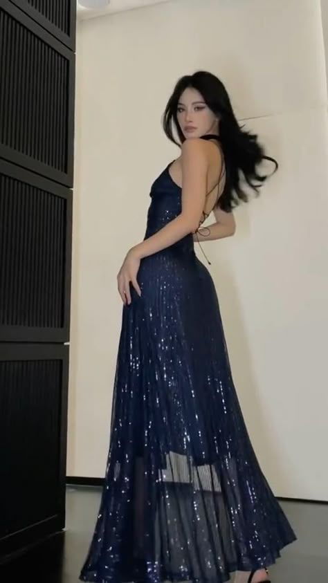 Sexy Navy Blue V-Neck Crisscross Strap High Slit Sequined Tulle Long Prom Dress Evening Dress