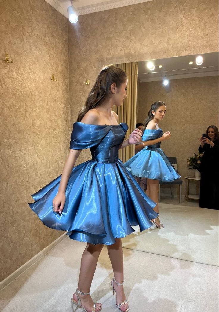 Elegant Blue One-shoulder Puffy Satin 16th Birthday Homecoming Dress
