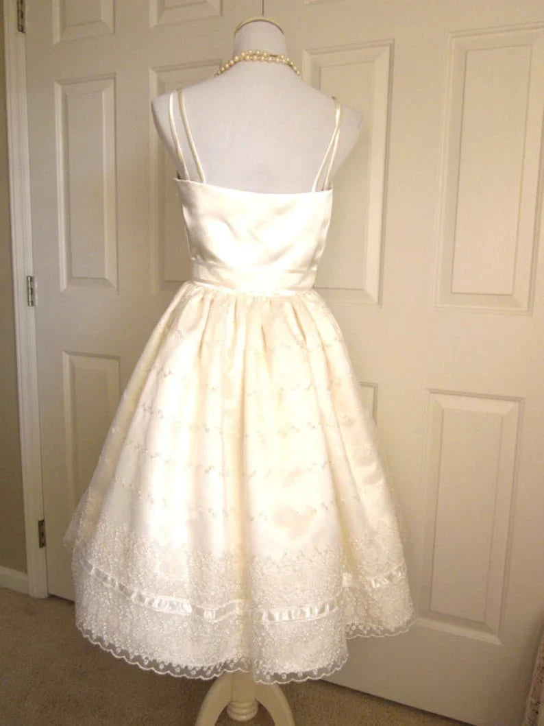 Cute Ivory Strappy Satin Lace Trim A-line Birthday Dress Homecoming Dress