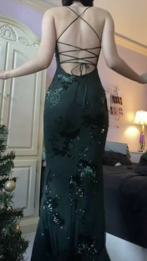 Beautiful Dark Green Mermaid V-Neck Cross-Strap Sequined Long Prom Dress Evening Dress