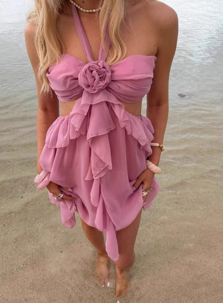 Pink Three-dimensional Flower Halter Neck Layer Ruffle Irregular Birthday Short Skirt Homecoming Dress
