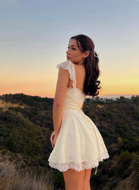 Sweet Ivory Satin Lace Trim Square Neck A-Line Birthday Dress Homecoming Dress
