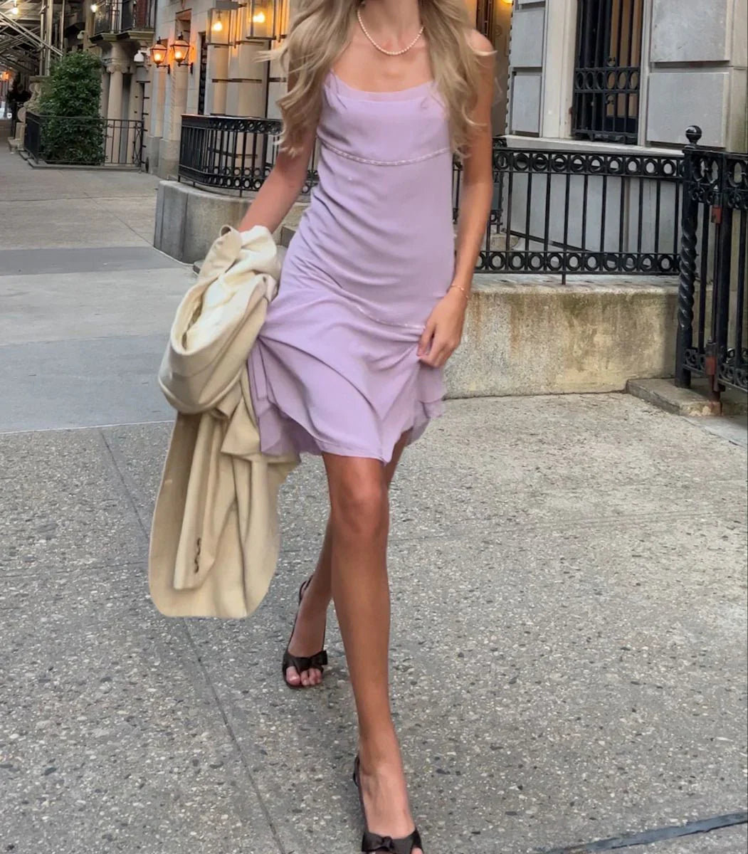 Elegant Lavender Spaghetti Strap Chiffon Waist 17th Birthday Homecoming Dress