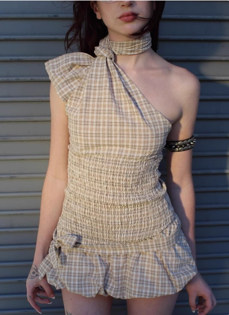 Sexy Hot Girl Plaid Off-shoulder Waist Hip Birthday Skirt Homecoming Dress