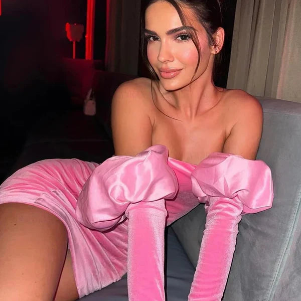 Cute Pink Velvet Tube Top Slim Hip Birthday Short Skirt Homecoming Dress