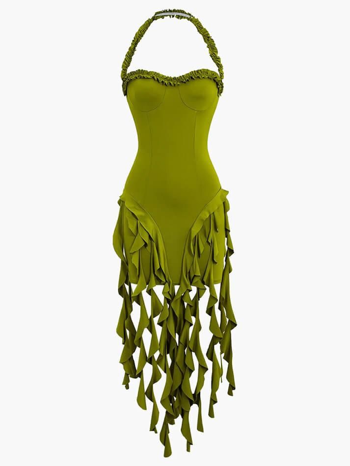 Sexy Green Halter Neck Irregular Funnel Hem Birthday Dress Homecoming Dress