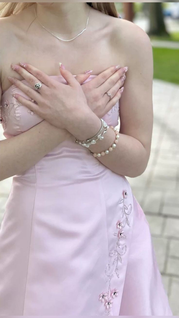 Sweet Princess Light Pink A-line Strapless Embroidered Satin Long Prom Dress Evening Dress