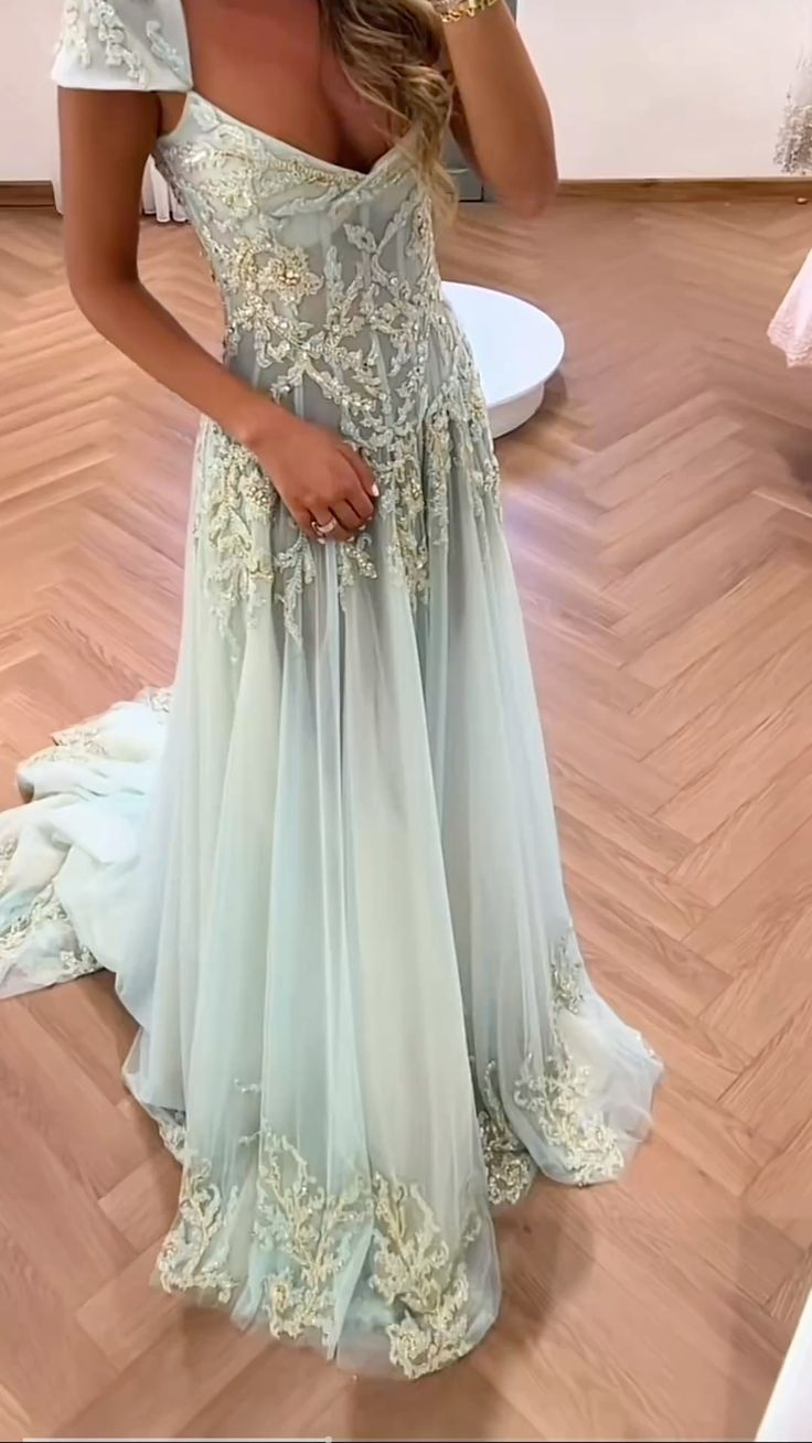 Elegant Light Mint Green V-Neck Embroidered Tulle Train Prom Dress Evening Dress