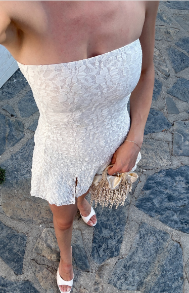 Elegant White Strapless Lace Slit 17th Birthday Homecoming Dress