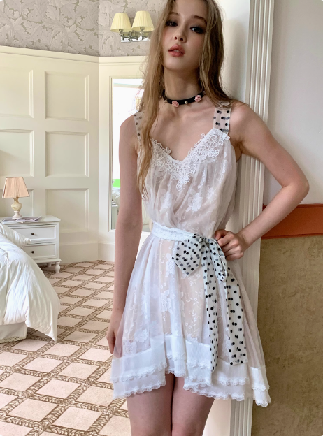 Cute White Lace Polka Dot Tie Waist Birthday Short Skirt Homecoming Dress