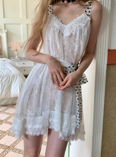 Cute White Lace Polka Dot Tie Waist Birthday Short Skirt Homecoming Dress