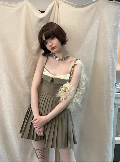 Retro Green Suspender Waist Stitching Pleated A-line Birthday Skirt Homecoming Dress