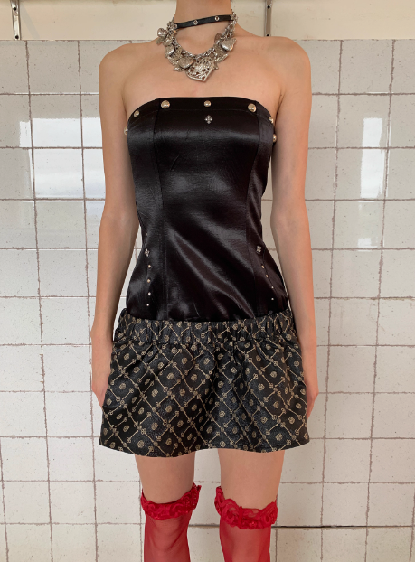 Vintage Black Studded Jacquard Satin Tube Top 17th Birthday Homecoming Dress