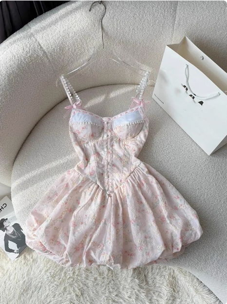 Sweet Pink Floral Sling Flower Bud Birthday Short Skirt Homecoming Dress