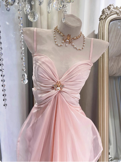 Elegant Pink Suspender Tulle Slim Irregular Birthday Dress Homecoming Dress