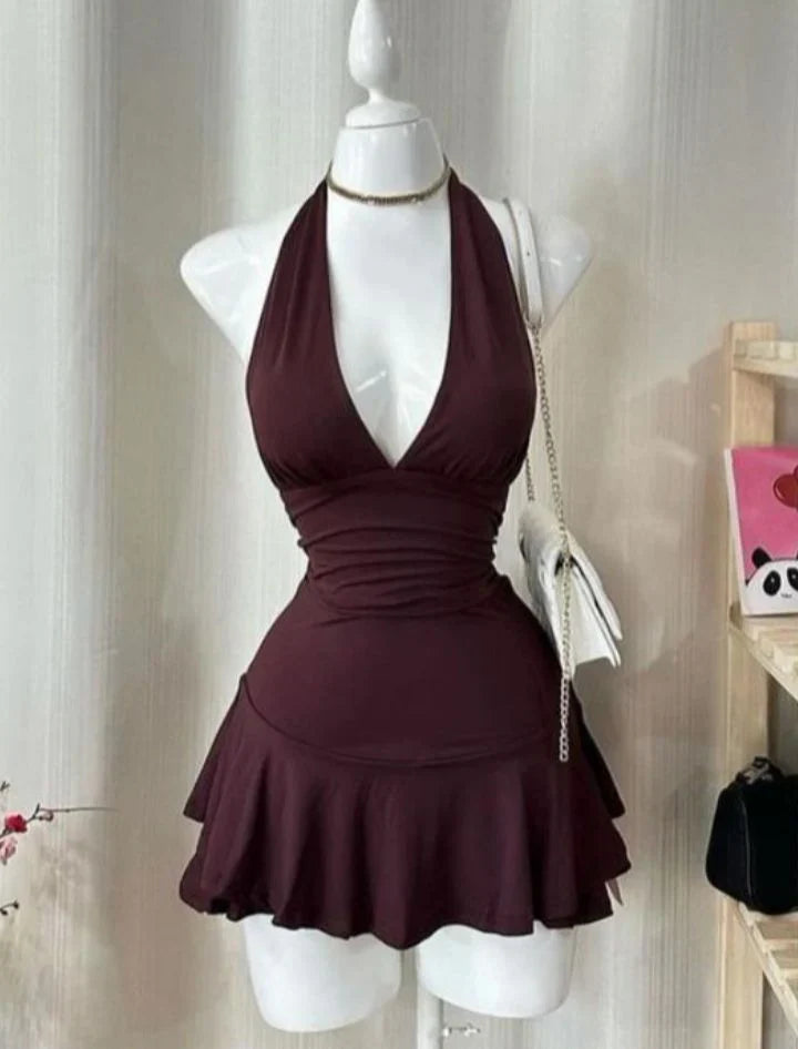Simple Halter Neck Low Cut Sleeveless Waist Mini Birthday Skirt Homecoming Dress