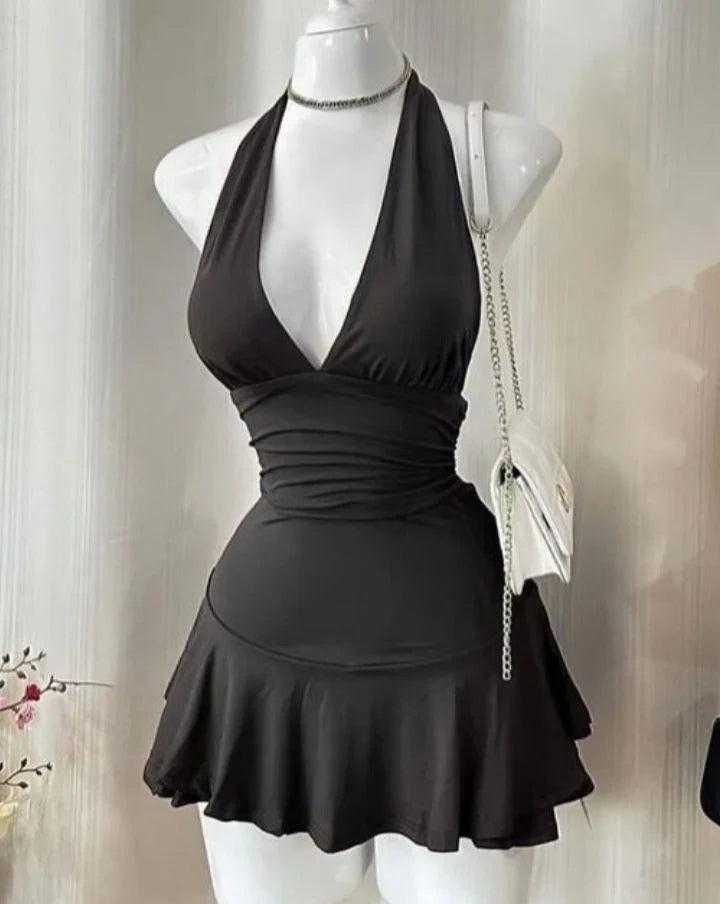Simple Halter Neck Low Cut Sleeveless Waist Mini Birthday Skirt Homecoming Dress